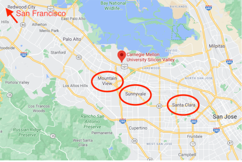 map showing CMU-SV distance from suggested living locations